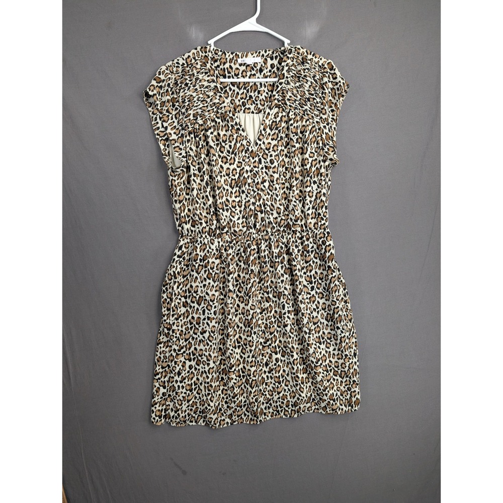 DR2 Leopard Print Cap Sleeve V-Neck Dress Large Elastic Waist Pockets 8490